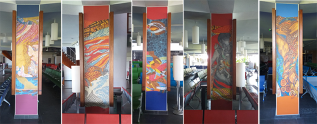 Les toiles de Bruno CURET en harmonie sur les piliers de la salle d’embarquement internationale de l’aéroport de Tahiti-Faa’a